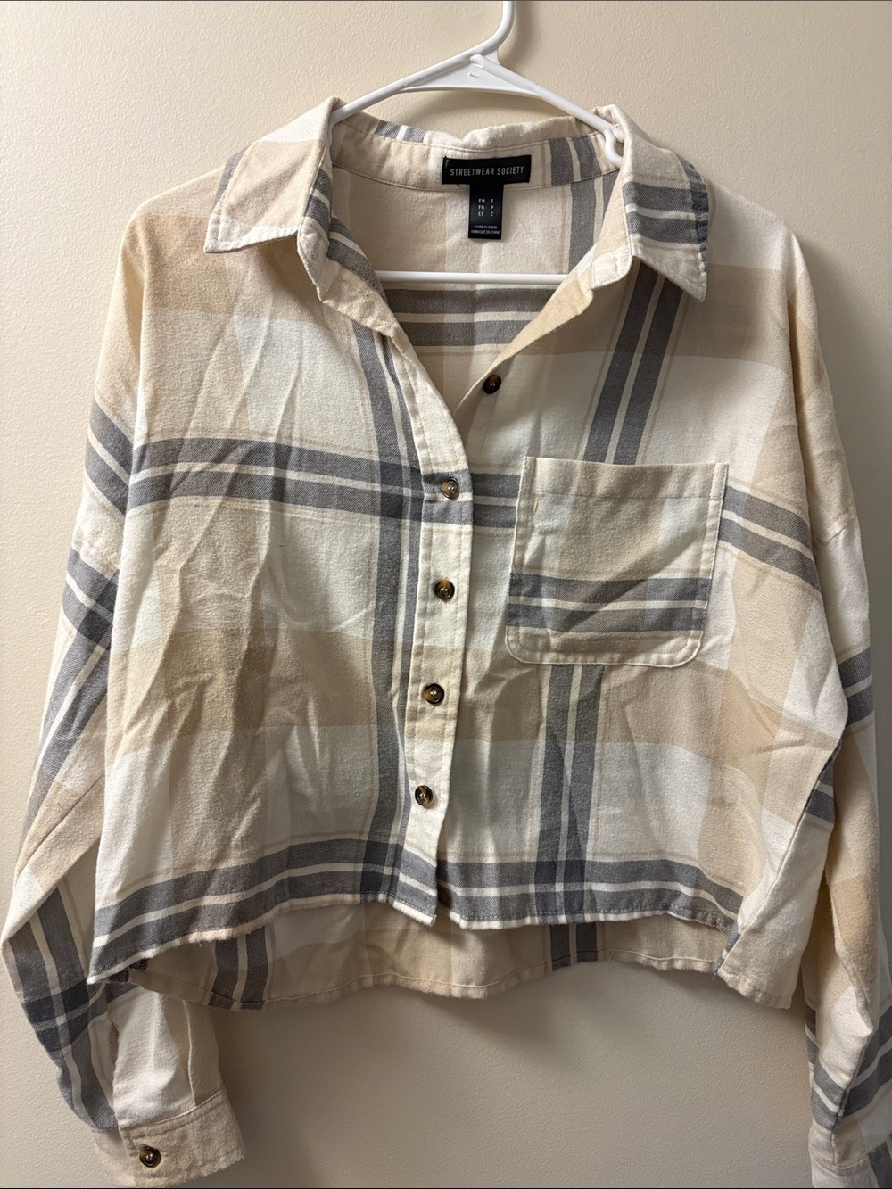 Streetwear Society Beige and Gray Plaid Button-Down Shirt